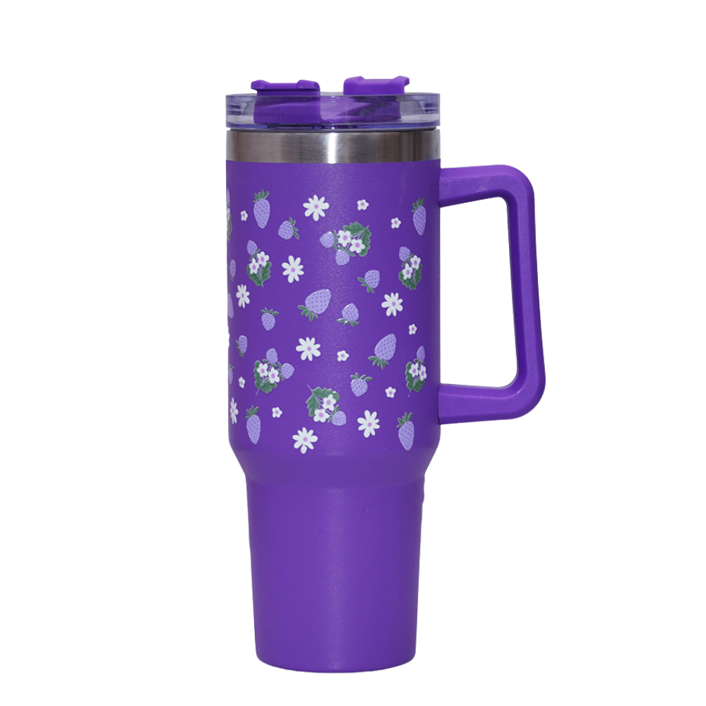 Lavender Strawberry Daisy Floral Stainless Steel Tumbler - Memories InsiteLAVENDER SRTAWBERRY DAISY FLOWER TUMBLER PURPLE STANLEY WITHOUT CHARM
